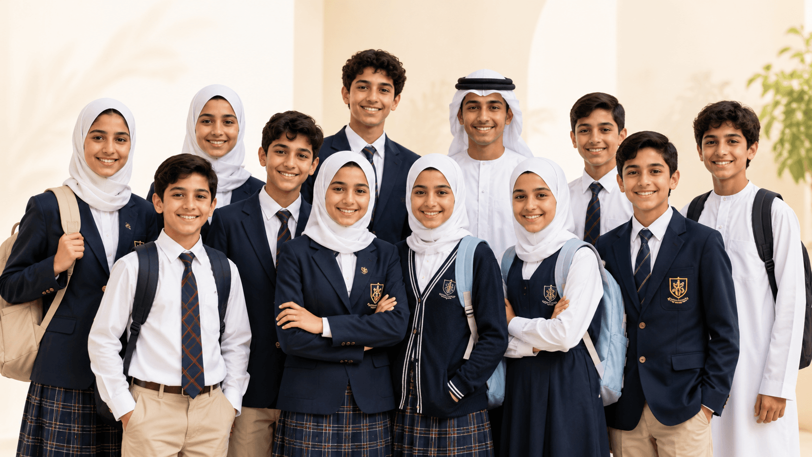 Arab Muslim school students wearing national and international school uniforms